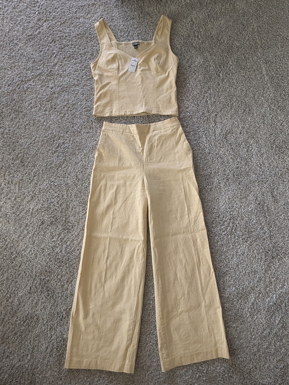 Express Wide Leg 2 Piece Linen Outfit Set In Yellow - Picture 3 of 9